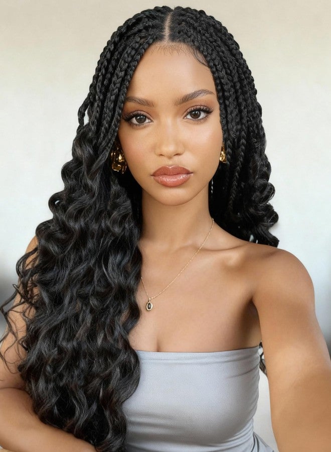 WIGER Knotless Full Double Lace Boho Braided Wigs for Black Women Nature Black Lace Front Braid Wig with Baby Hair Synthetic Pre Plucked Knotless Box Braids Wig with Curly Ends for Daily Party - Image 1